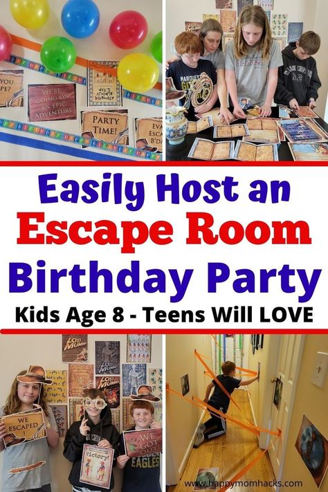 How to Easily Throw an Escape Room Birthday Party at home. Kids will love the cool printable escape room games, decorations, invitations, and party favors. Plus a super cool DIY laser maze to go through as they escape the room. I'll show you how to make it the perfect party for kids age 8 years old to those hard-to-please teens & tweens You'll be amazed how simple it is to plan escape room parties! Lego Escape Room Ideas, Escape Birthday Party Ideas, Build An Escape Room, Mermaid Escape Room, Escape Room Bday Party, Escape Room Party Food Ideas, Birthday Party Games For Boys Age 9, Escape Room At Home For Kids, Diy Escape Room Birthday Party