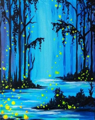 Ladies Paint Night, Wood Round Painting, Black Light Painting, Library Painting, 4th Of July Projects, Firefly Painting, Firefly Forest, Mini Canvas Paintings, Starfish Painting