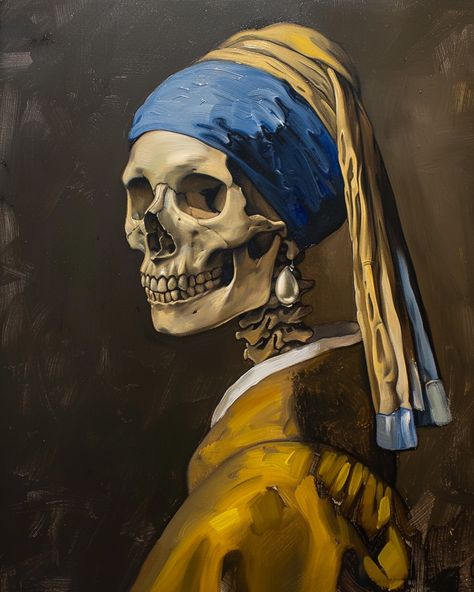 #Skeleton #PearlEarring #VermeerStyle #OilPainting #ClassicArt #71:89 #TheCandie The Girl With The Pearl Earring, Blue And Yellow Pearl, Pearl Earrings Outfit, Girl With The Pearl Earring, Earring Inspired, Girl With Pearl Earring, Skeleton Girl, Inspirational Digital Art, Yellow Pearl Earrings