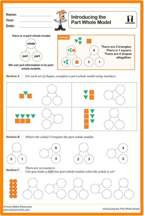 In the first year of school, students explore the part-whole model by working with shapes and counters, which helps them grasp how individual parts come together to form a complete whole. This approach enhances their understanding of fundamental mathematical concepts using both tangible objects and visual aids. Part Whole Model Year 1, Part Whole Model, Year 9 Maths Worksheets, Ks3 Maths Worksheets, Year 8 Maths Worksheets, Ks1 Maths Worksheets, Year 6 Maths Worksheets, Year 5 Maths Worksheets, Year 7 Maths Worksheets