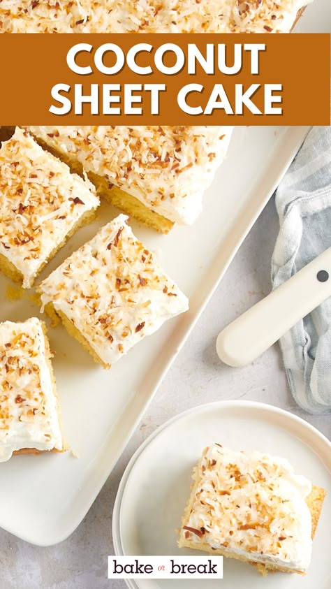 This old-fashioned Coconut Sheet Cake is a quick and easy cake with a delicate coconut flavor in both the cake and the whipped frosting. Add toasted coconut on top for a simple finish. Healthy Baking Alternatives, Coconut Sheet Cake, Red Velvet Strawberry, Coconut Sheet Cakes, Easy Cakes To Make, Snack Cakes, Coconut Cake Recipe, Whipped Frosting, Cinnamon Coffee