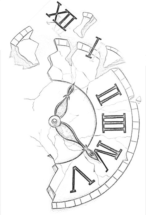 Roman Numeral Clock Drawing, Broken Clock Design, Broken Clock Sketch, Gcse Fragments, Clock Drawing, Broken Clock, Compass Clock, Roman Clock, Blossom Tree Tattoo