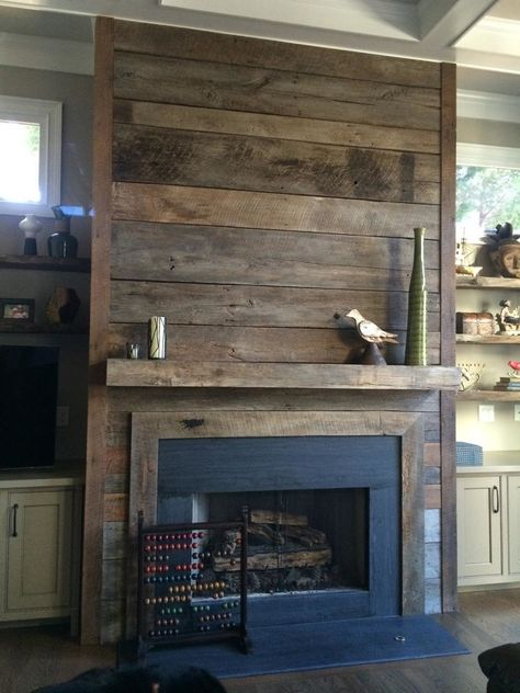 Reclaimed Wood Fireplace surround and mantel - Rustic - Family Room - Atlanta - by Atlanta Specialty Woods | Houzz Scandinavian Fireplace, Farmhouse Fireplace Ideas, Rustic Farmhouse Fireplace, Wood Fireplace Surrounds, Reclaimed Wood Fireplace, Rustic Family Room, Fireplace Bookshelves, Fireplace Shelves, Brick Fireplace Makeover