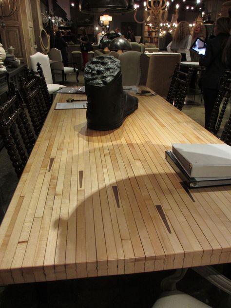 Bowling alley floor table top. @Noir #hpmkt Bowling Floor Table, Bowling Alley Floor, Desk Chair Without Wheels, Bowling Alley Table, Wooden Desk Top, Den Remodel, Commercial Ideas, Wooden Desk Chair, Bowling Lane