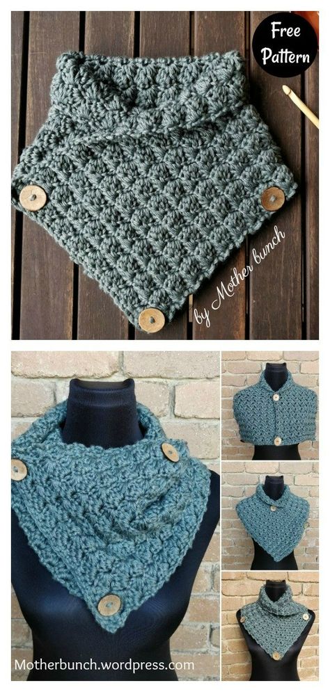 Crochet Scarf For Beginners, Crochet Cowl Free Pattern, Crochet Neck Warmer, Crochet Cowl Pattern, Crochet Scarf Pattern Free, Shawl Crochet, Crochet Buttons, Crochet Collar, Shawl Crochet Pattern