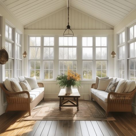 9 Simple and Easy Farmhouse Sunroom Ideas to Inspire You - Home Chic & Comfort Sunroom With Vaulted Ceiling, Shiplap Sunroom Ideas, Sunroom Off Bedroom, Sunroom Decorating Ideas Indoor Cozy, Porch Into Sunroom, Sunrooms Addition, Fireplace In Sunroom, Sunroom Off Living Room, Sunroom Wall Ideas