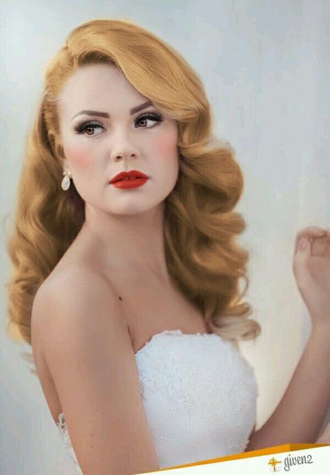 Not so red on lip Bridesmaid Hairstyles Vintage, Retro Wedding Hair Long, Side Bangs Wedding Hairstyle, Couture Hairstyles Fashion, Hair Do With One Shoulder Dress, Marilyn Monroe Wedding Hair, Old Hollywood Ponytail, Hollywood Hair Wedding Brides, Old Hollywood Hair Wedding Half Up