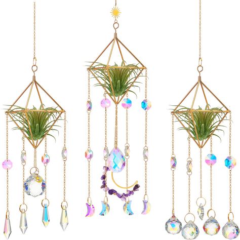 PRICES MAY VARY. Stylish Design: The air plant holders feature a rustic golden metal finish with round and diamond shaped crystal pendants for a stylish look. Spacious Planters: The air plant holders have a hollow rhombus structure that provides ample growing space for plants. Easy Installation: The air plant holders come with hooks and chains for easy hanging on walls or windows. Versatile Use: The air plant holders can be used to grow air plants or as decorative home accents to brighten up any Air Plants Display, Spider Character, Plants Display, Wall Plant Holder, Plant Rack, Planter Wall, Rack Hanger, Air Plant Display, Tillandsia Air Plant