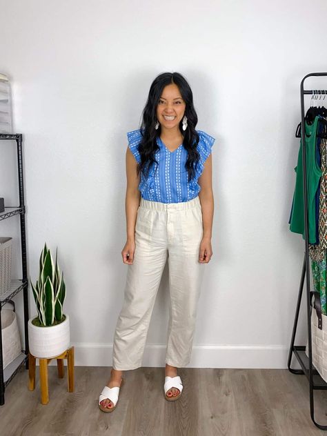 Nice Casual Outfit for Summer: blue and white striped flutter sleeve top Kohl's + beige ecru wide leg linen pants Gap + white slide flat sandals + white leather earrings White Sandals Outfit, Beige Linen Pants Outfit, Casual Outfit For Summer, White Sandals Flat, Nursing Friendly Outfits, Sandals Outfit Summer, Beige Linen Pants, Summer Teacher Outfits, Linen Pants Outfit