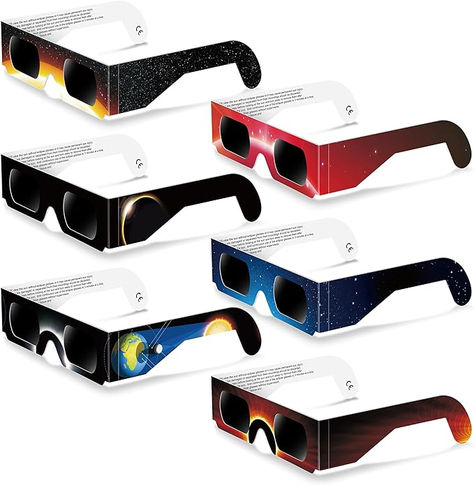 6 packs Solar Eclipse Glasses 2024 CE and ISO Certified with Six Different Color Durable Paper Frames for Direct Sun Viewing 
CHECK LINK BELOW FOR MAP OF BEST VIEWS FOR SIGHTING NEAR YOU PRESENTED BY NASA !

The Monday, April 8, 2024, total solar eclipse will cross North America, passing over Mexico, the United States, and Canada. The total solar eclipse will begin over the South Pacific Ocean.

https://science.nasa.gov/eclipses/future-eclipses/eclipse-2024/where-when/ Solar Images, Solar Energy Kits, Eclipse Glasses, Solar Eclipse Glasses, Visible Spectrum, Sun View, Solar Eclipses, Eclipse 2024, Safety Goggles