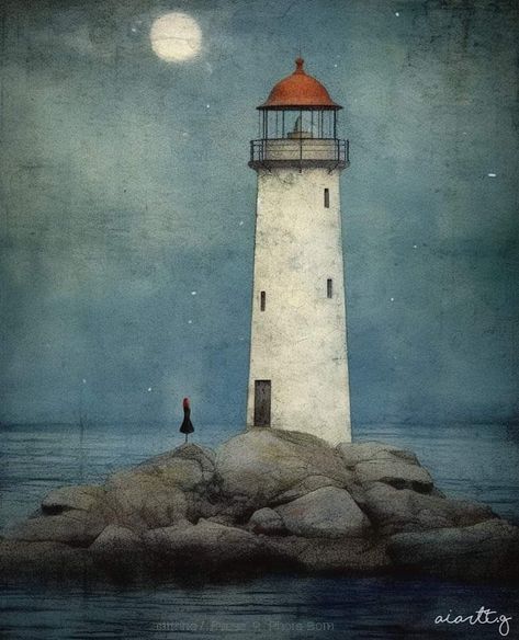 Lighthouse Acrylic Painting, Lighthouse Mural, Light House Art, Lighthouse Illustration, Painting Techniques Art, Vintage Lighthouse, Beach Crafts Diy, Moonlight Painting, Lighthouse Painting