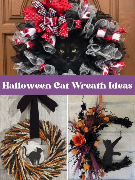 Adorable Cat Wreath Ideas For Feline Lovers - PinkPopDesign Black Cat Wreaths For Front Door, Halloween Cat Wreath Diy, Halloween Cat Wreath, Cat Wreaths For Front Door, Cat Wreaths, Cat Christmas Wreath, Black Cat Wreath, Dog Wreaths, Getting A Cat