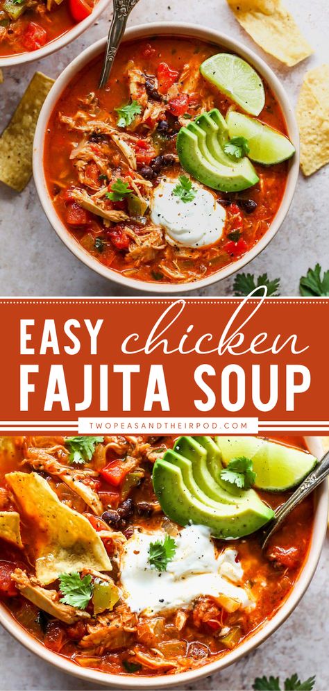 Chicken Fajita Soup Fiesta Chicken Soup Crockpot, Fiesta Chicken Soup Recipes, Healthy Chicken Fajita Soup, Fajita Leftover Ideas, Soup With Rotisserie Chicken Healthy, Soup Rotisserie Chicken Recipes, Chicken Fajita Soup Recipe, Shredded Chicken Soups, Southwest Chicken Soup Recipes