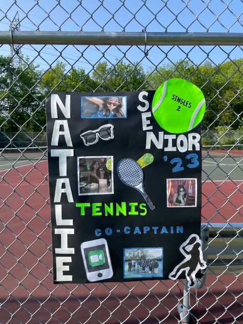 Decorated Poster Board Ideas, Senior Day Posters Tennis, Badminton Senior Night Posters, Tennis Posters High School Senior Night, Senior Poster Board Ideas Tennis, Highschool Sports Posters, Tennis Senior Posters, Senior Tennis Poster Ideas, Senior Night Tennis Ideas