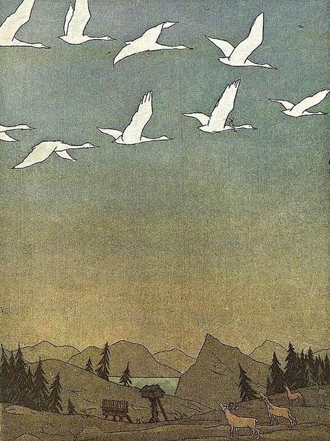 Boris Diodorov "Miraculous journey of Nils with wild geese" Wild Geese, Ethereal Art, Book Illustration, Linocut, Vintage Illustration, Drawing Inspiration, Classic Art, Art Works, All Art