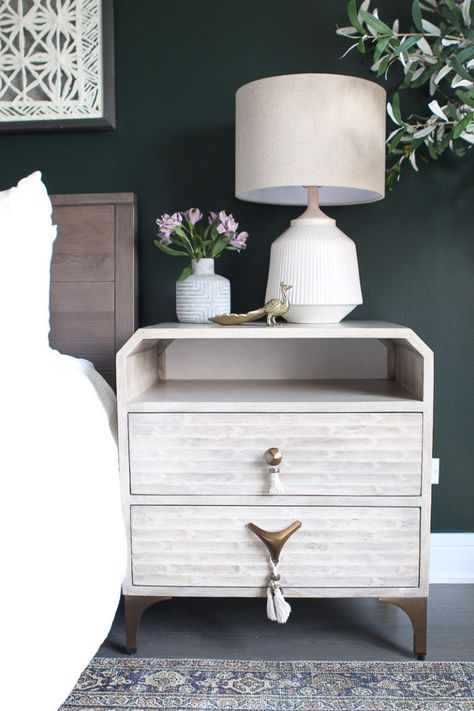 Dark Green Guest Room with Boho Style | The DIY Playbook Light Wood Nightstand, Girls Bedroom Colors, Boys Bedroom Paint, Dark Green Walls, Nightstand Decor, Bedroom Wall Colors, Green Paint Colors, Wood Nightstand, Awesome Bedrooms