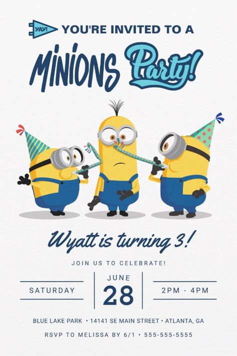 Minions: The Rise of Gru Birthday Invitation
Calling all Minions! Invite all your family and friends to your child's Despicable Me themed Birthday party with these cute Minion invites. Personalize by adding all your party details. Minion Birthday Meme, Minion Party Invitations, Cute Birthday Invitations, Minions Birthday Theme, Minions Birthday Party, Minion Invitation, Minion Birthday Invitations, Minions The Rise Of Gru, Despicable Me Party