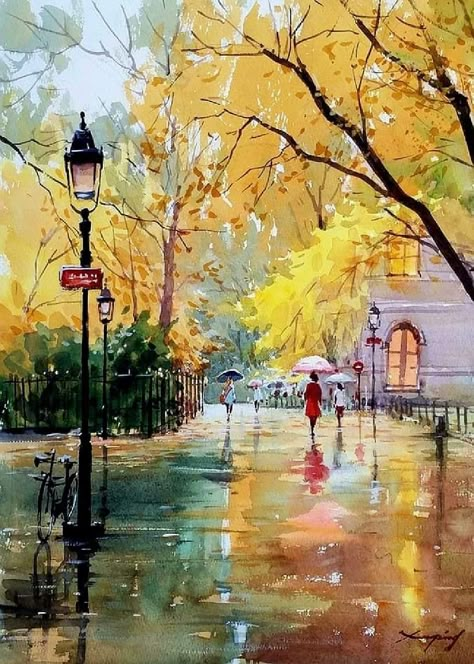 Watercolor Paintings Cityscapes, City Watercolor Painting, Birches Painting, Art Deco Paintings, Watercolor Paintings For Beginners, Diy Watercolor Painting, Blossoms Art, Landscape Art Painting, Watercolor Painting Techniques