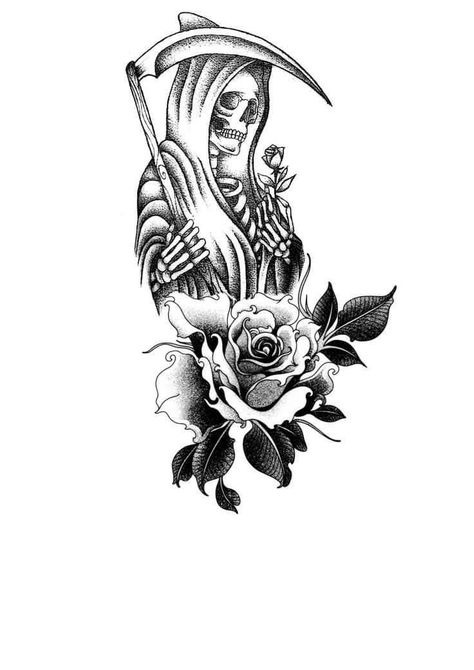 Pretty Grim Reaper Tattoo, Grim Reaper Virgin Mary Tattoo, Grim Reaper Rose Tattoo, Grim Reaper Tattoo Women, Chicana Art Tattoo, Small Santa Muerte Tattoo, Santisima Muerte Tattoo, Santa Muerte Tattoo For Women, Santa Muerte Drawing Tattoo