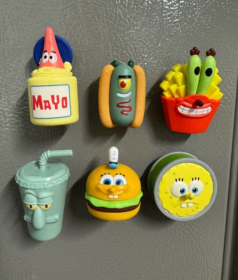 The Cutest Spongbob Inspired  Fridge Magnets!  6 Different magnets to choose from Patrick Mayo Plankton Hotdog Krabs Fries Squidward Drink Sponge Hamburger Sponge Tuna Can Look at all pictures  Message me with any questions you may have! Spongebob Kitchen Decor, Cool Magnets, Spongebob Kitchen, Spongebob Merch, Krusty Krab Pizza, Gifts For Nerds, Food Magnets, Tuna Can, Anniversary Crafts