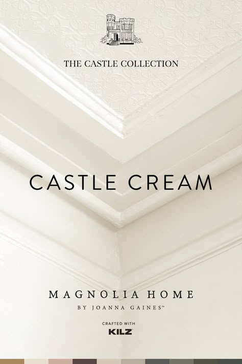 A creamy soft white with a timeless essence. Inspired by the Magnolia Castle Restoration project, this is one of ten curated colors that have been special designed with a simple style for all our interior and exterior spaces. Magnolia Castle Cream, Magnolia Castle Collection Paint, Magnolia Paint Colors Castle Collection, Magnolia Castle Paint Colors, Magnolia Paint Colors Castle, Castle Cream Paint, Silos White Magnolia Paint, Magnolia Castle Paint, The Castle Collection Magnolia Home