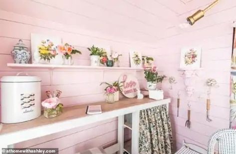 Inside the country's most incredible 'She Sheds' Pink Shed, Babe Cave Ideas, She Shed Decorating Ideas, Den Inspiration, Cosy Summer, French Bistro Table, Bistro Table And Chairs, Tile Accent Wall, Plush Armchair