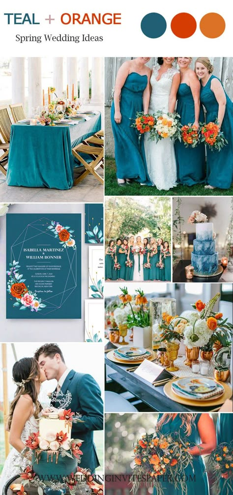 Teal Orange Weddings, Spring Wedding Color Ideas, Blue Orange Weddings, Teal Blue Weddings, Teal Wedding Colors, Orange Wedding Themes, Wedding Color Palette Summer, Orange Wedding Colors, Rusting Wedding