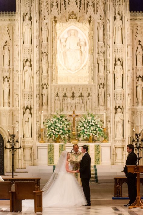 Stephanie and Andy were wed in a traditional Episcopal ceremony at the High Altar of the Washington National Cathedral. Reverend Brooks Hundley, Andy's second grade teacher and former chaplain, officiated the nuptials. The couple delighted their guests by playing the Game of Thrones theme song on the church carillon bells, but also included more traditional songs, such as "Amazing Grace" and "Morning Has Broken." Washington National Cathedral, Catholic Wedding Ceremony, National Cathedral, Church Wedding Flowers, Cathedral Wedding, Rose Wedding Bouquet, Luxury Wedding Photography, French Culture, Washington Dc Wedding