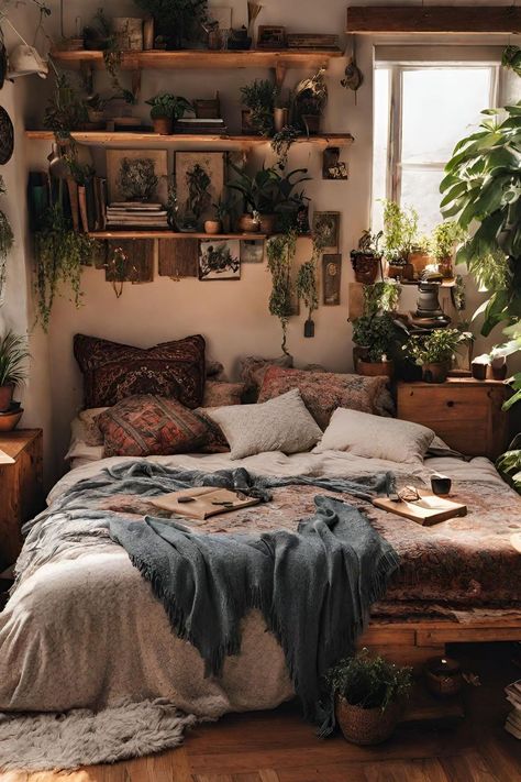 Bedroom Ideas Boho Earthy Vintage, Bedroom Ideas For Small Rooms Earthy, Boho Plant Bedroom Ideas, Earthy Aesthetic Home Decor, Soft Earthy Bedroom, Green And Brown Boho Bedroom, Clean Earthy Bedroom Aesthetic, Nature Like Bedroom, Rustic Boho Aesthetic