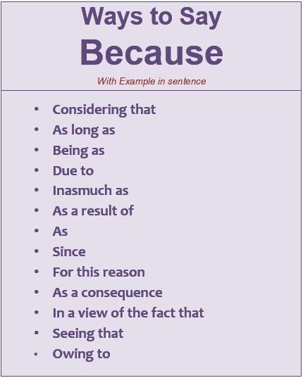 Other Ways to Say Because with Examples in Sentences | Because Synonym Other Ways To Say Asked, Other Ways To Say Because, Other Ways To Say But, Other Ways To Say Also, Other Ways To Say For Example, Ways To Say Because, Because Synonyms Words, How To Say Because In Different Ways, Words To Replace Other Words In Essays