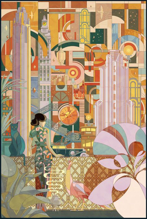 Art Déco Shanghai Illustration by Shan Jiang Art Deco Illustrations, Chinese Illustration, Motif Art Deco, Screen Print Poster, Art Deco Illustration, Apple Art, Mural Design, Art Deco Era, Theme Design