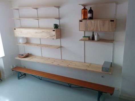 Picture of Mid century style Wall system made out of Plywood Turntable Cabinet, Old School Gym, Diy Bookshelf Wall, Mid Century Shelves, Track Shelving, Mid Century Shelving, Mid Century Modern Shelves, Wall Shelving Systems, Gym Bench