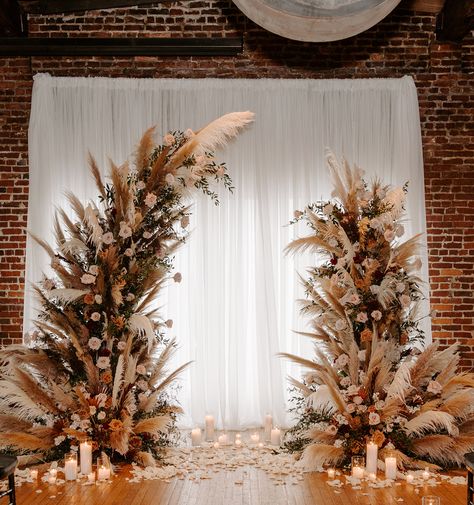 Pampas Grass Backdrop Wedding, Pampas Floral Arch, Pampas Grass Ceremony Decor, Pampas Flower Arch, Pampas Grass And Candles Wedding, Pampas Decoration Wedding, Pampas Arch Wedding, Candle Arch Wedding, Church Arch Wedding