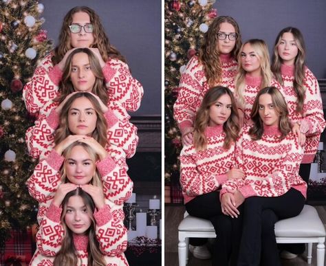 Awkward holiday photo trend at JCPenney with five women in red sweaters in front of a Christmas tree. Funny Christmas Pictures Poses, Christmas Cards Poses, Funny Studio Photoshoot, Christmas Cousin Photoshoot, Cheesy Family Photos Christmas Cards, Funny Christmas Card Poses, Jcpenney Portraits Christmas, Tacky Christmas Photoshoot, Jcpenney Christmas Photoshoot