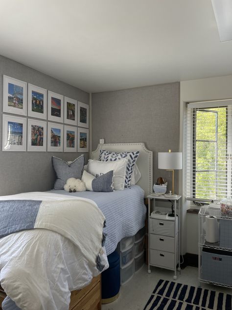 Gray College Dorm Room, Dorm Room Grey And White, Blue And Grey Dorm Room Aesthetic, Beachy College Dorm Room Ideas, Dorm Room Beach Theme, College Dorm 2023, Blue White And Grey Dorm Room, Dorm Room Ideas Coastal Grandma, Dorm Color Ideas