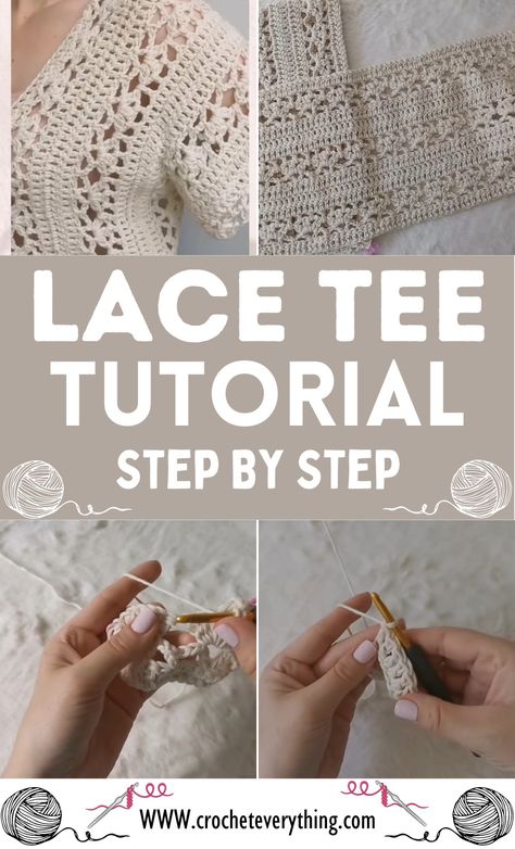 Crochet Lace Tee Step By Step Tutorial How To Crochet Lace, Lacy Crochet Stitches, Lanyard Tutorial, Sweater Tutorial, Lacy Crochet, Bralette Pattern, Crochet Beach Bags, Easy Crochet Stitches, Easy Crochet Patterns Free