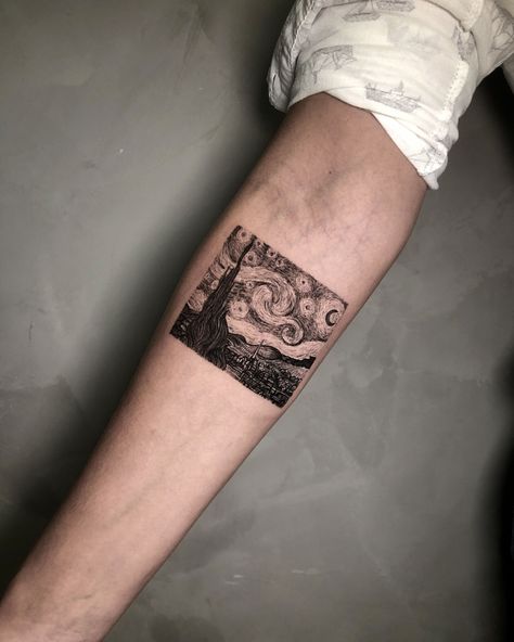 Famous Paintings As Tattoos, Monet Tattoo Black And White, Van Gogh Tattoo Black And White, Intelligence Tattoo, Famous Art Tattoo, Vincent Van Gogh Tattoo, Starry Night Tattoo, Matching Tattoos For Couples, Van Gogh Tattoo