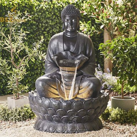 Buddha Water Fountain, Buddha Statue Decor, Indoor Water Features, Outdoor Water Feature, Serene Environment, Decking Area, Garden Courtyard, Sitting Buddha, Plants For Hanging Baskets