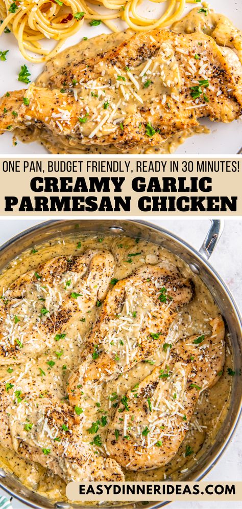 Our creamy Garlic Parmesan Chicken recipe is weeknight dinner perfection! In less than 30 minutes, and with only one pan, you'll have a delectable meal of tender chicken smothered in an ultra-creamy, garlic and parmesan cheese sauce! Garlic Parmesan Cream Sauce, Creamy Garlic Parmesan Chicken, Parmesan Garlic Chicken, Fitness Foods, Chicken Tenderloin Recipes, Parmesan Cream Sauce, Creamy Garlic Chicken, Garlic Chicken Recipes, One Skillet