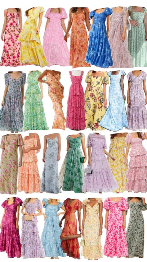 Bridesmaids Dresses- Mismatched Colorful Floral Inspiration- bridesmaid dress lineup inspiration with multicolor floral dresses, garden party wedding, wildflower wedding Floral Bridesmaid Dresses Mismatched, Wedding Theme Color Schemes, Floral Themed Wedding, Multicolor Floral Dress, Wildflower Wedding Theme, Floral Bridesmaid Dresses, Garden Theme Wedding, Bridal Shower Outfit, Mismatched Bridesmaids