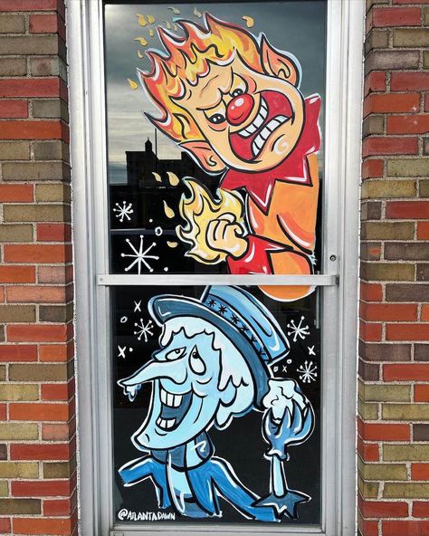 Heat Miser And Snow Miser Drawing, Heat Miser And Snow Miser Door Decorations, Frosty The Snowman Window Painting, Heat Miser And Snow Miser Decorations, Grinch Window Painting Ideas, Disney Christmas Window Painting, Rudolph Window Painting, Christmas Glass Door Painting Ideas, Window Snow Spray Art