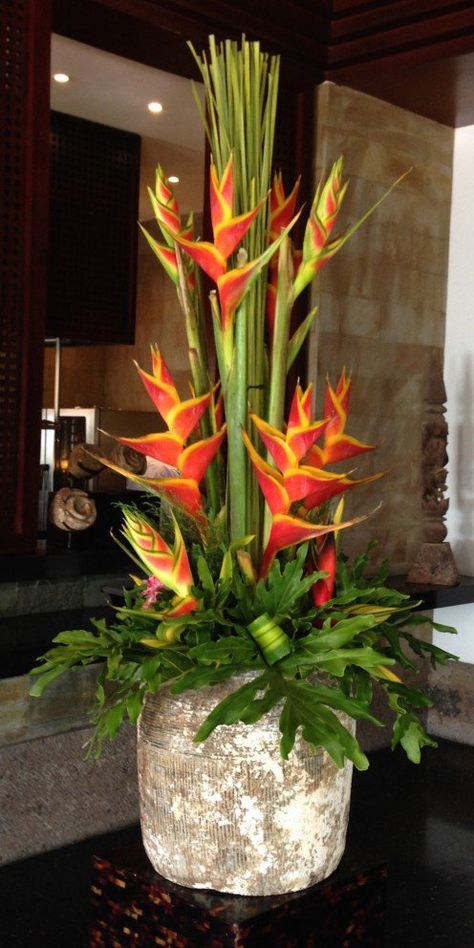 Heliconias, The Legian Hotel, Bali - My Own Photograph Hotel Bali, Tropical Floral Arrangements, Tropical Flower Arrangements, Hotel Flowers, Vase With Flowers, Large Flower Arrangements, Corporate Flowers, Flower Arrangement Designs, Ikebana Flower Arrangement