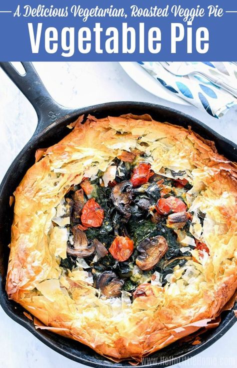 Easy Vegetable Pie recipe ... treat yourself to this delicious Vegetarian Vegetable Pie tonight! This Savory Vegetable Pie is full of Healthy Roasted Veggies, like kale, mushrooms, tomatoes (recipe includes two filling ideas), layered in Phyllo Dough. Serve this Phyllo Vegetable Pie for any fall or winter meal, or for Thanksgiving or Christmas! | Hello Little Home #vegetablepie #veggiepie #phyllopie #filopie #phyllo #phyllodough #savorypie #vegetables #vegetablerecipes #veggies #veggierecipes Vegetable Phyllo Pie, Mushroom Tomato Recipe, Vegetarian Pie Recipes, Vegetable Pie Recipes, Vegetarian Pie, Parsnip Recipes, Veggie Pies, Vegetable Pie, Vegetarian Crockpot Recipes