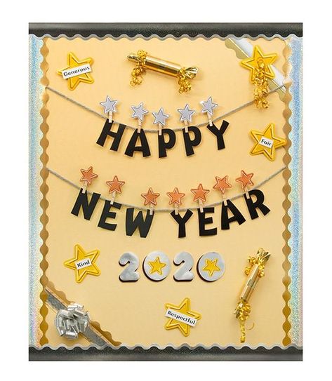 TREND | Classroom Decor, Games, Stickers, and more on Instagram: "🎉 Happy New Year from all of us at TREND! Wishing everyone a year filled with Learning FUN! 🎉 #HappyNewYear #NewYear2020 #2020 #NewYearsBulletinBoard" New Year Chart Ideas For School, New Year Chart For School, Happy New Year Bulletin Boards For School, New Year Soft Board Decoration, New Years Bulletin Board Ideas 2024, New Year Bulletin Boards For Work, New Year Board Decoration Ideas, Happy New Year Board Decoration Ideas For School, Happy New Year Chart Ideas For School