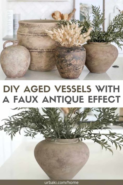 Are you ready to embark on a creative journey that will breathe new life into your home decor? Look no further than DIY aged vessels with a faux antique effect. With just a few simple steps, you can transform ordinary vases into captivating pieces that exude charm and character. Best of all, this thrifty project is super affordable, incredibly enjoyable, and requires minimal effort. Get ready to unleash your inner artist and let your imagination run wild! Thrift Flipping: The Art of... Antique Art In Bathroom, Faux Aged Pottery, Decor Pots & Planters, Natural Pottery Ideas, Diy Aged Vessel, Diy Old Vase, Aged Vases Diy, Antique Diy Decor, Upcycling Vases Ideas