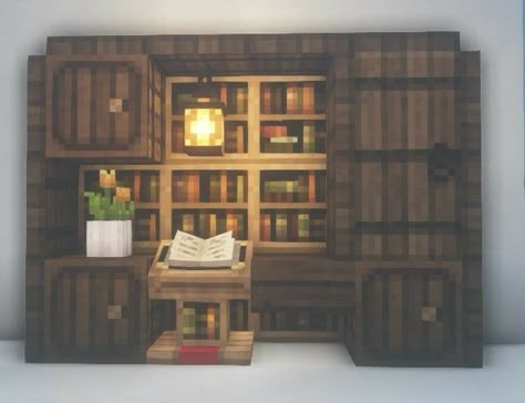 Minecraft Attic Interior, Minecraft Breakfast Nook, Minecraft Dark Interior, Minecraft Post Office Interior, Minecraft Furnace Room, Minecraft Bookshelf Ideas, Minecraft Home Interior, Minecraft Shelf, Minecraft Interior Design Living Rooms