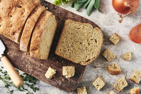 Sandwich bread seasoned with your favorite turkey stuffing herbs, perfect for making stuffing — or turkey sandwiches the day after. Stuffing Bread Loaf, Stuffing Loaf, King Aurther, Burger Rolls, Making Stuffing, Angel Wing Cookies, Stuffing Bread, Bread Videos, Turkey Loaf