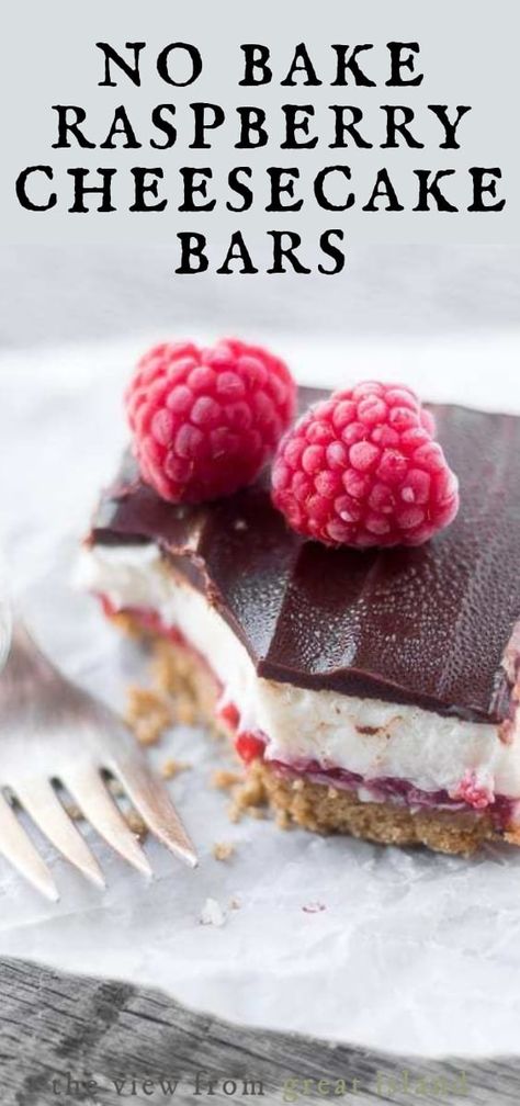 No Bake Raspberry Cheesecake Bars are just delightful --- with a graham cracker crust, a layer of fresh raspberry, a fluffy cheesecake filling, and a swath of dark chocolate on top. #dessert #cheesecake #nobake #nobakedessert #raspberries #nobakecheesecake #easycheesecake #easydessert Dark Chocolate Raspberry Pie Bars, No Bake Raspberry Cheesecake, Raspberry No Bake Cheesecake, Raspberry Cheesecake Bars, Fluffy Cheesecake, Dessert Cheesecake, Raspberry Bars, Cheesecake Bar Recipes, Salty Cake