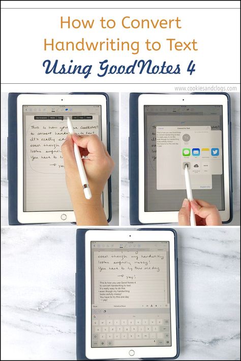 Cookies & Clogs | Technology | If use an iPad Pro and an Apple Pencil to take notes, you will need this easy tutorial. Find out how to convert handwriting to text using the GoodNotes 4 app. Includes video. Good Notes Tutorial, Goodnotes Handwriting, Goodnotes Tips, Ipad Pro Tips, Ipad Pro Apps, Ipad Mini Wallpaper, Apple Notes, Ipad Tips, Ipad Goodnotes