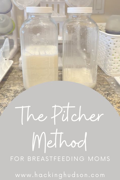 Store breastmilk via the pitcher method, learn how on www.hackinghudson.com How To Pump And Store Breastmilk, Storing Breastmilk In Fridge, How To Store Breastmilk In Fridge, Bagging Breastmilk, The Pitcher Method, Glass Breastmilk Storage, Mason Jar Breastmilk Storage, Pumping Pitcher Method, Breastfeeding Pitcher Method